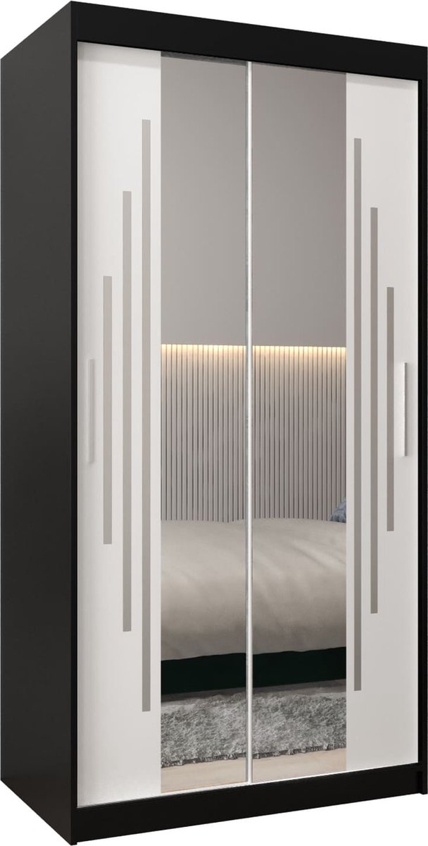 InspireME Kledingkast met 2 schuifdeuren, Modern-stijl, Een kledingkast met planken en een spiegel (BxHxD): 100x200x62 - MALTESE I 100 Zwart Mat + Wit Mat met 2 lades