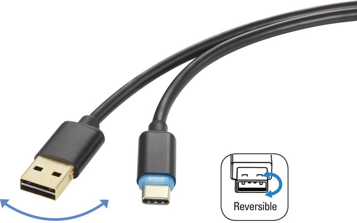 Renkforce RF-4758090 USB-kabel USB 2.0 USB-A stekker, USB-C stekker 1.50 m Zwart Stekker past op beide manieren