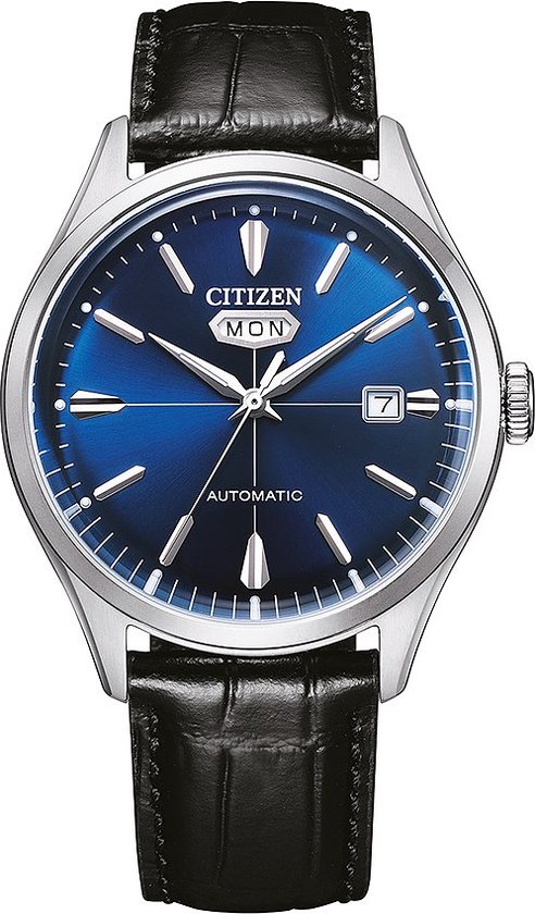 Citizen horloge met zilverkleurige kast, blauwe wijzerplaat en zwarte lederen band.
