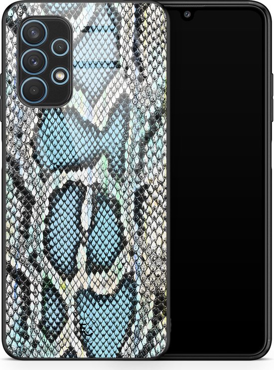 Coque Samsung A32 5G en verre - Imprimé serpent bleu - Blauw - Coque en TPU - Imprimé serpent - Coque arrière rigide noire