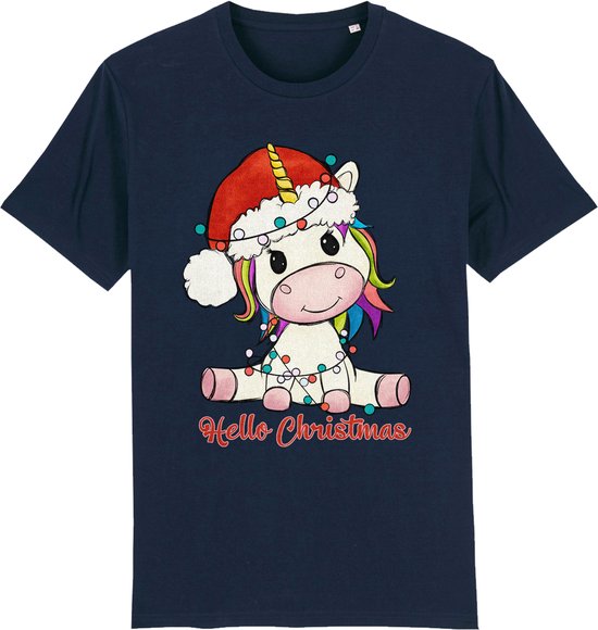 Jongens Meisjes T Shirt - Unicorn Kerstmis - Blauw - Maat 146