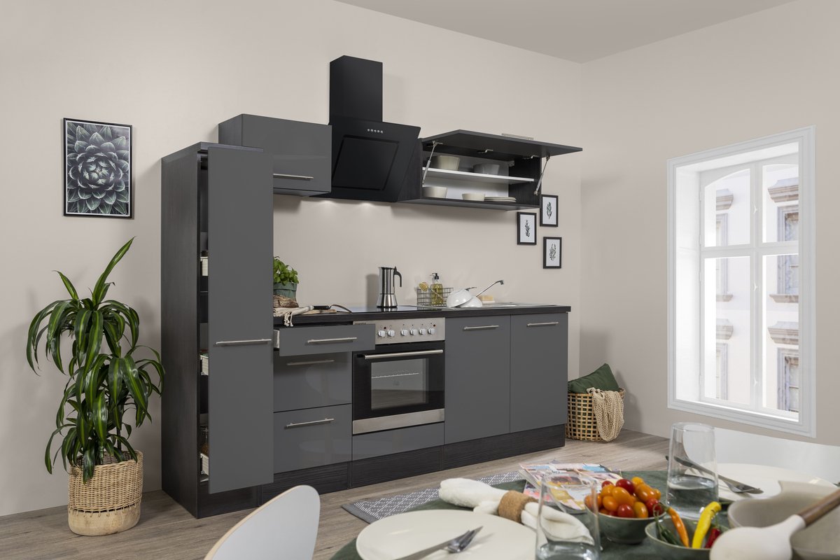 Goedkope keuken 240 cm - complete keuken met apparatuur Amanda - Eiken/Grijs - soft close - keramische kookplaat - afzuigkap - oven - spoelbak