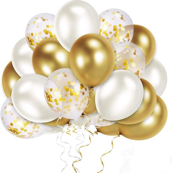 60 stuks Goud met Wit Helium Ballonnen met Lint – Verjaardag Versiering - Decoratie voor jubileum - Verjaardagversiering - Feestartikelen - Geslaagd versiering - Trouwfeest - Vrijgezellenfeest - Geschikt voor Helium en Lucht