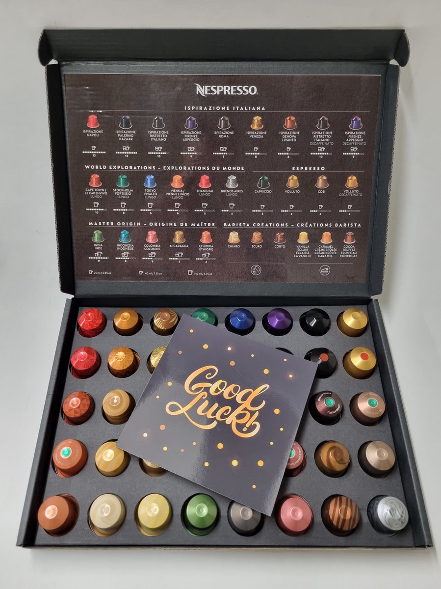 Goedkoopste Koffie Proeverij Pakket groot 40 stuks verschillende smaken met Mystery Card 'Good Luck' met persoonlijke (video) boodschap | Verjaardag | Sinterklaas | Kerstpakket | Vaderdag | Moederdag | Jubileum | Valentijnsdag