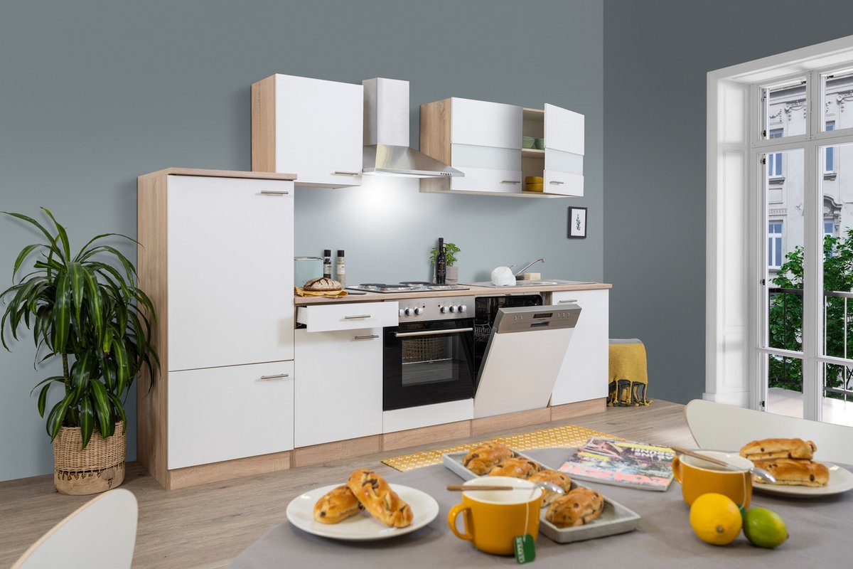 Goedkope keuken 280 cm - complete keuken met apparatuur Merle - Eiken/Wit - soft close - elektrische kookplaat - vaatwasser - afzuigkap - oven - spoelbak