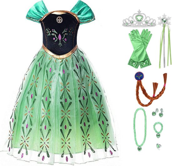 Het Betere Merk - Prinsessenjurk meisje - groene verkleedjurk - Prinsessen speelgoed - maat 98 (100)- Verkleedkleren Meisje- Tiara - Kroon - Juwelen - Lange Handschoenen - Verjaardag meisje - Carnavalskleren meisje - Kleed