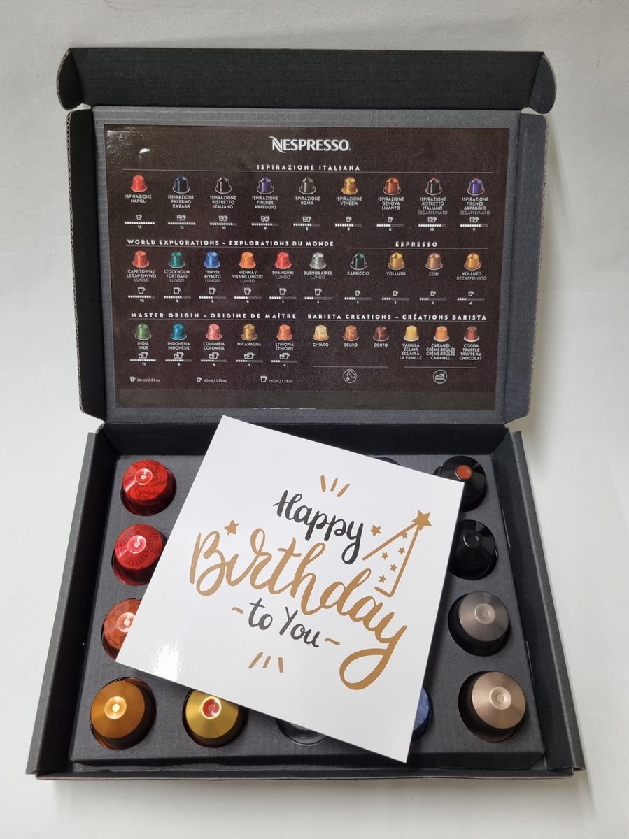 Koffie Proeverij Pakket 20 stuks verschillende smaken met Mystery Card 'Happy Birthday' met persoonlijke (video) boodschap | Verjaardag | Sinterklaas | Kerstpakket | Vaderdag | Moederdag | Jubileum | Valentijnsdag
