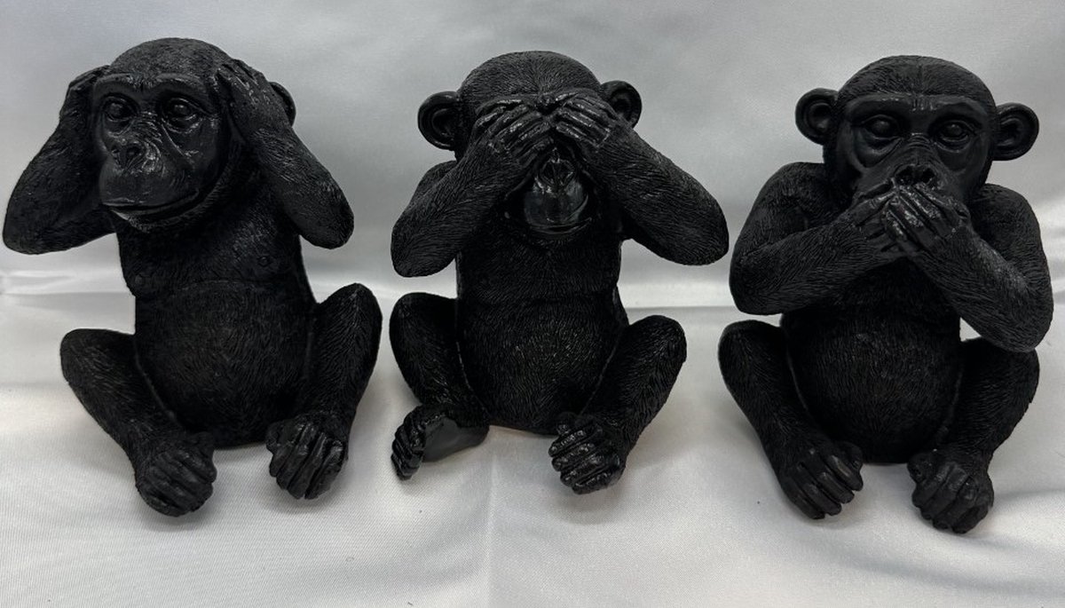 Zwarte Apen " horen, zien & zwijgen" beeldjes - zwart - set van 3 - 13