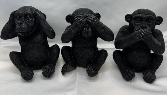 Zwarte Apen " horen, zien & zwijgen" beeldjes - zwart - set van 3 - 13 cm hoog - polyresin - decoratief