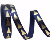 Kerst Lint 10mm (1cm) | Luxe Satijnlint | Kerstboom Kerstlint | Marine Blauw Goud | Cadeaulint | Rol: 10 Meter