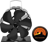 Houtkachel Ventilator + Thermometer - Openhaard Ventilator - Ecofan 6 Bladen - Zwart