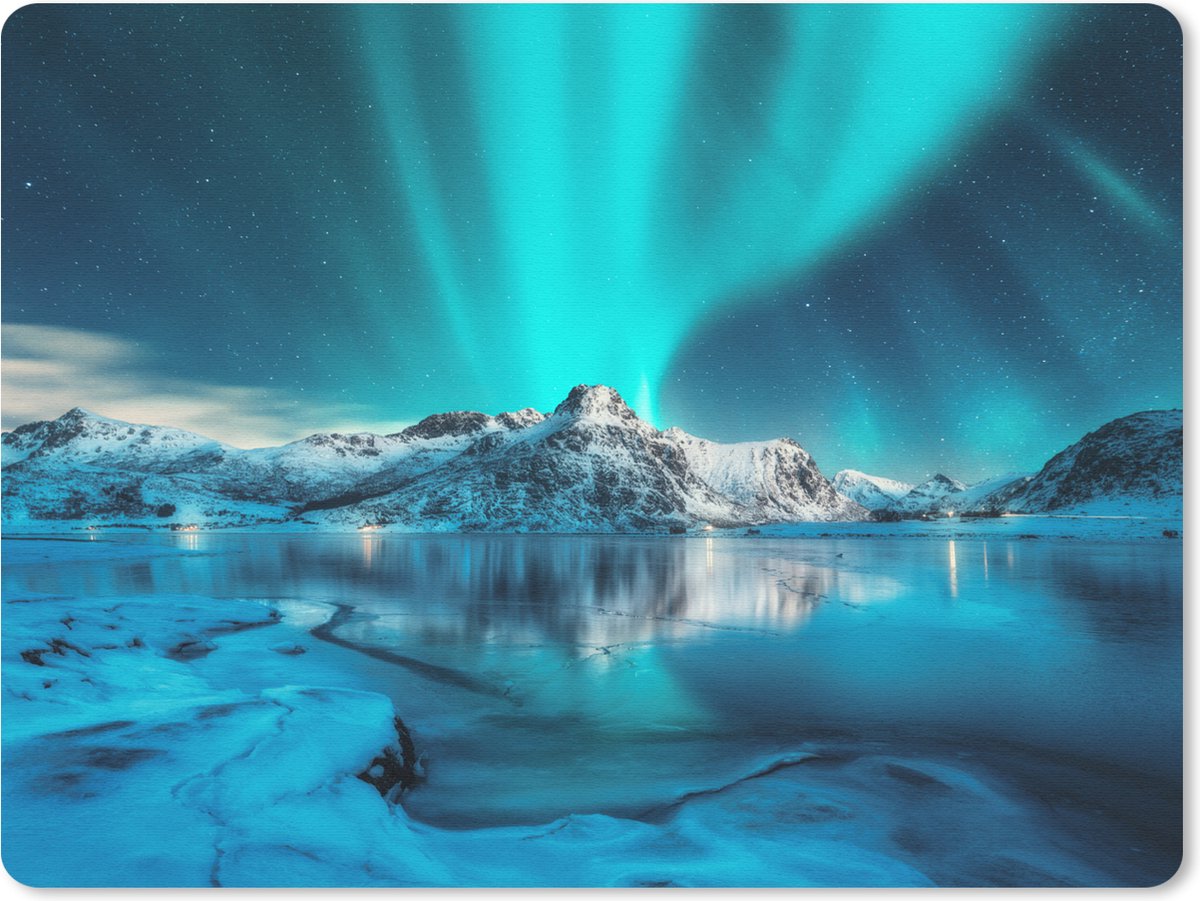 Muismat 23x19 cm - Mousepad Noorderlicht - IJs - Sneeuw - Noorwegen - Blauw - Bergen - Muismatten