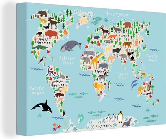 Canvas kinderen - Decoratie kinderkamers - Wereldkaart - Dieren - Walvis - Leeuw - Wanddecoratie meisjes - Jongens - 30x20 cm - Muurdecoratie Jongens