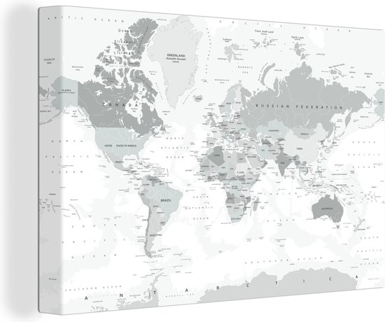 Canvas Wereldkaart - 150x100 - Wanddecoratie Wereldkaart - Wit - Grijs - Aarde