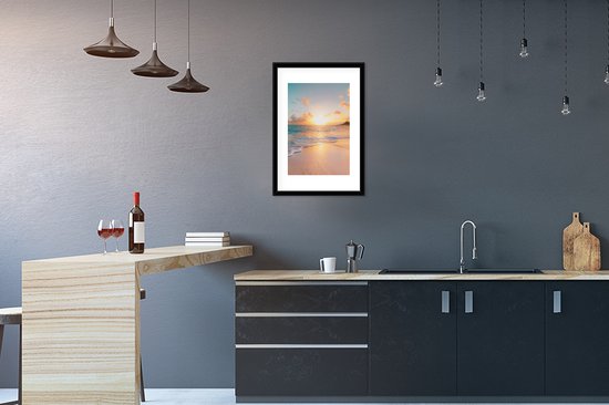 Poster in lijst - Fotolijst 40x60 cm - Posters - Zonsondergang - Strand - Zee - Zomer - Blauw - Posterlijst zwart - Decoratie - Wanddecoratie woonkamer - Muurdecoratie slaapkamer