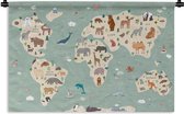 Wandkleed Wereldkaart met dieren - Groene wereldkaart met dieren Wandkleed katoen 60x40 cm - Wandtapijt met foto