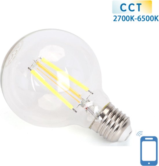 Globe E27 Ampoule 6W WiFi CCT 2700K-6500K | G80 - blanc chaud - LED blanc lumière du jour ~ 850 Lumen - verre clair - 230 Volt
