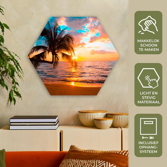 Décoration murale Hexagone - Décoration murale en plastique - Tableau Hexagone - Palmier - Coucher de soleil - Horizon - Plage - Mer - Tropical - 75x65 cm