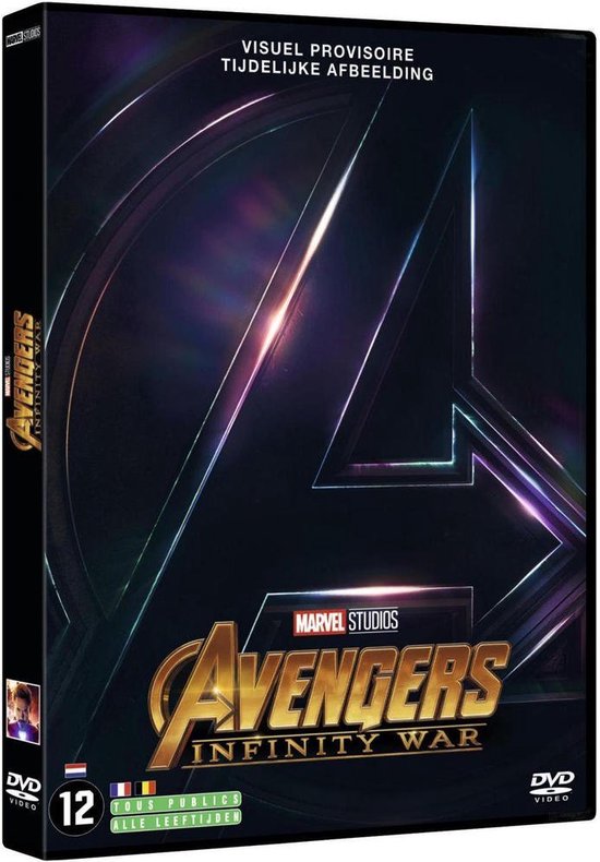 DVD-hoes van Avengers: Infinity War met een groot 'A'-logo en de Avengers.