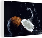 Canvas schilderij 160x120 cm - Wanddecoratie Kokosnoot - Stilleven - Water - Zwart - Fruit - Muurdecoratie woonkamer - Slaapkamer decoratie - Kamer accessoires - Schilderijen