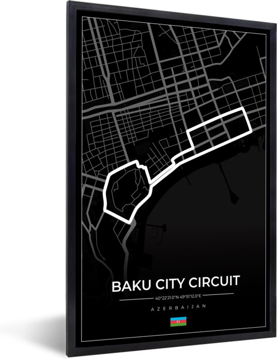 Fotolijst incl. Poster - Racebaan - Circuit - F1 - Baku City Circuit - Azerbeidzjan - Zwart - 40x60 cm - Posterlijst