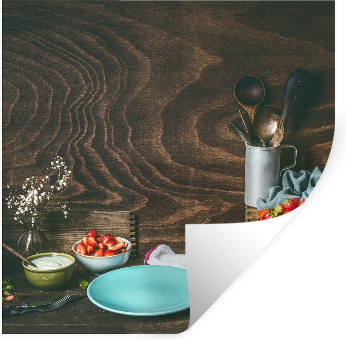 Muurstickers - Sticker Folie - Rustiek - Fruit - Keukengerei - Aardbei - 100x100 cm - Plak