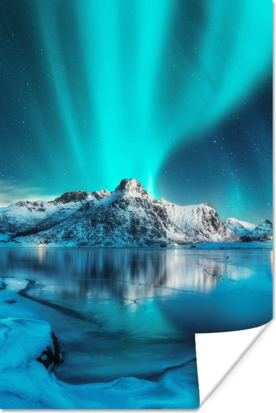 Poster Noorderlicht - IJs - Sneeuw - Noorwegen - Blauw - Bergen