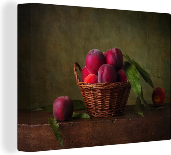 Canvas Schilderij Mand - Pruim - Roze - Rustiek - Fruit - Stilleven - 80x60 cm - Wanddecoratie