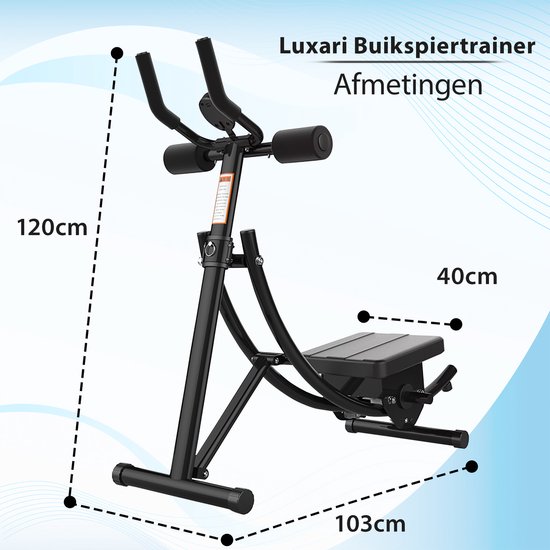 Zwarte buikspiertrainer met afmetingen: hoogte 120cm, breedte 40cm, lengte 103cm.