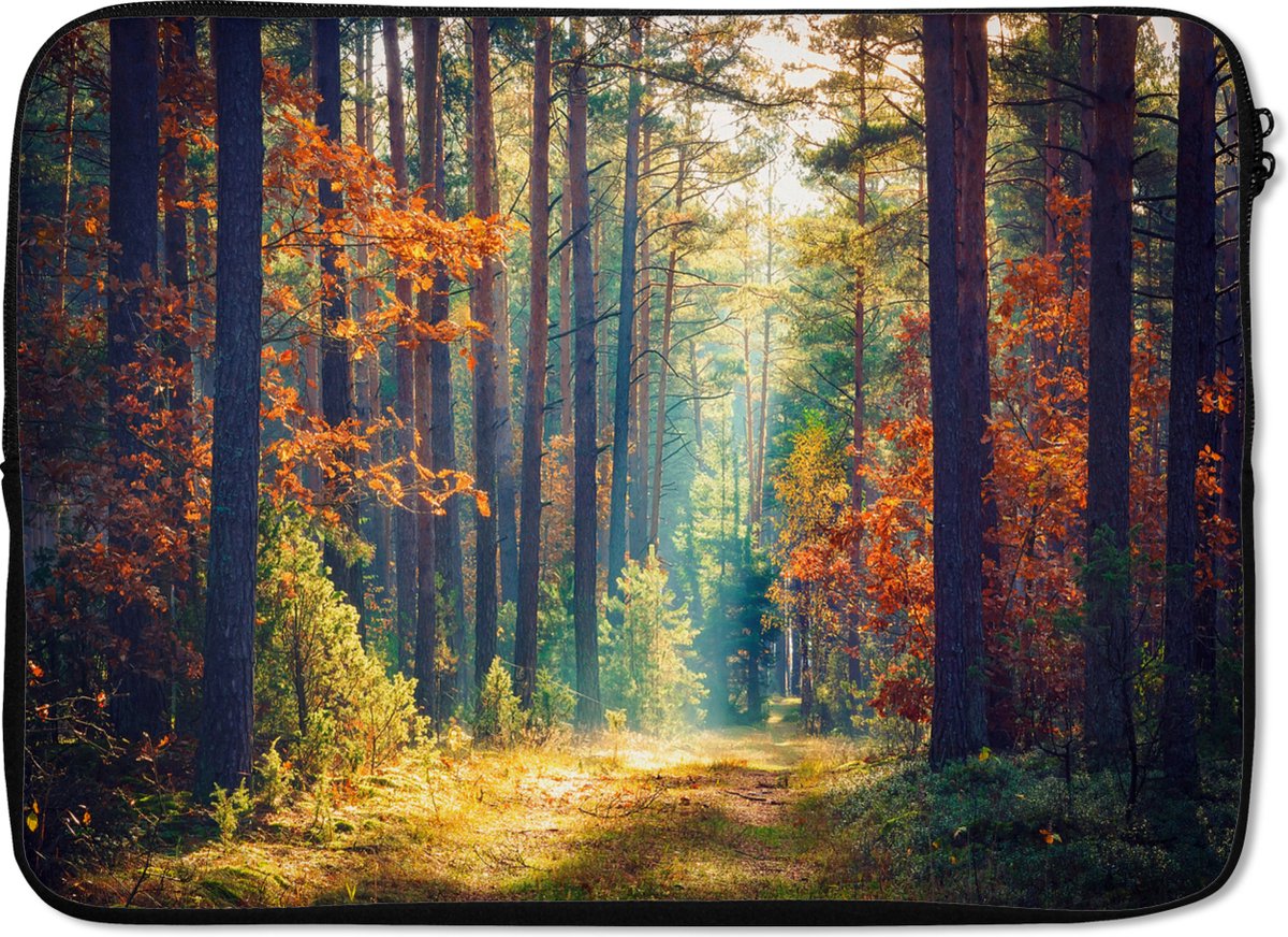 Laptophoes 14 inch - Bos - Zon - Natuur - Herfst - Laptop sleeve - Binnenmaat 33x23 cm - Zwarte achterkant