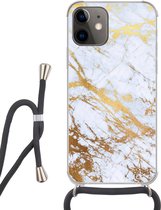 Hoesje met koord Geschikt voor iPhone 12 - Marmer print - Goud - Wit - Luxe - Marmer printlook - Glitter - Siliconen - Crossbody - Backcover met Koord - Telefoonhoesje met koord - Hoesje met touw