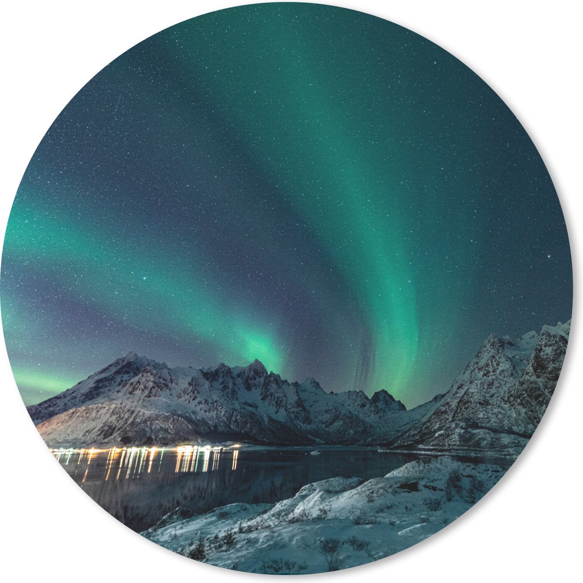 Muismat rond 50x50 cm - Mousepad Noorderlicht - Berg - Sneeuw - Groen - Sterrenhemel - Winter - Ronde muismatten