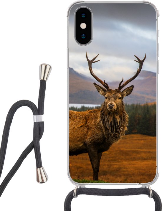 Foto: Hoesje met koord geschikt voor iphone x hert berg water landschap dieren bomen siliconen crossbody backcover met koord telefoonhoesje met koord hoesje met touw