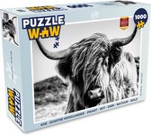 Puzzel Koe - Schotse hooglander - Zwart - Wit - Dier - Natuur - Wild - Legpuzzel - Puzzel 1000 stukjes volwassenen