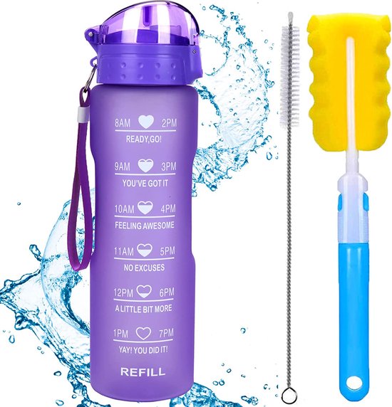 XACIOA 32 oz Lekvrije waterfles met tijdmarker en stro deksel om ervoor te zorgen dat u voldoende water drinkt gedurende de dag voor fitness en outdoor liefhebbers, BPA-vrij, met stro borstel (paars)