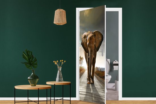 Sticker pour porte Éléphant - Route - Animaux - Coucher de soleil - Paysage - 80x205 cm - Affiche de porte