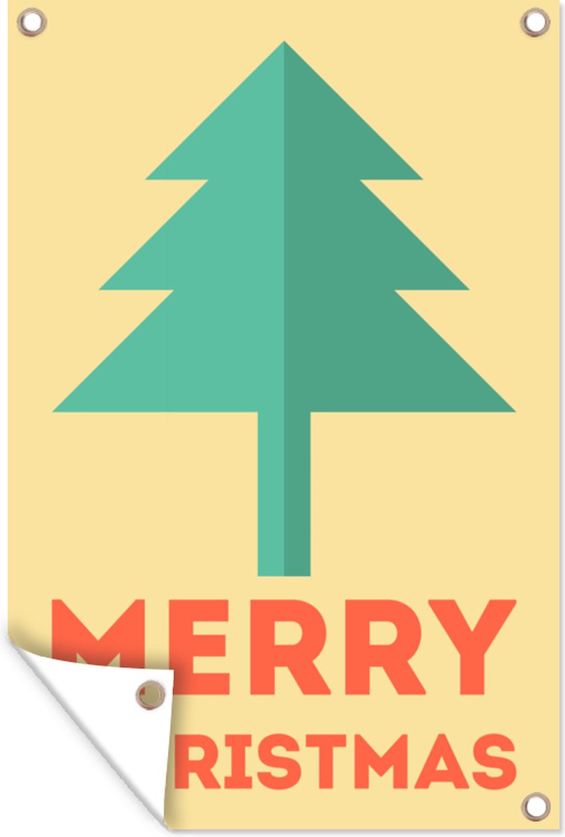 Kerstboom illustratie in geel met 'Merry Christmas' quote op 120x180 cm tuinposter voor buiten.