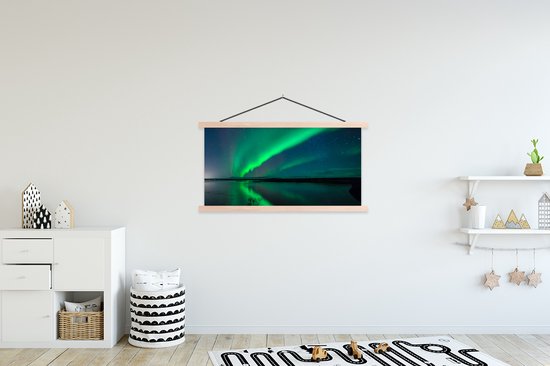 Posterhanger incl. Poster 150x75 cm - Schoolplaat - Noorderlicht - IJsland - Sterrenhemel - Groen - Water - Textielposter - Blanke latten