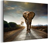 Décoration murale Métal - Aluminium Peinture Industrielle - Éléphant - Route - Animaux - Coucher de soleil - Paysage - 120x80 cm - Dibond - Photo sur aluminium - Décoration murale industrielle - Pour le salon / chambre