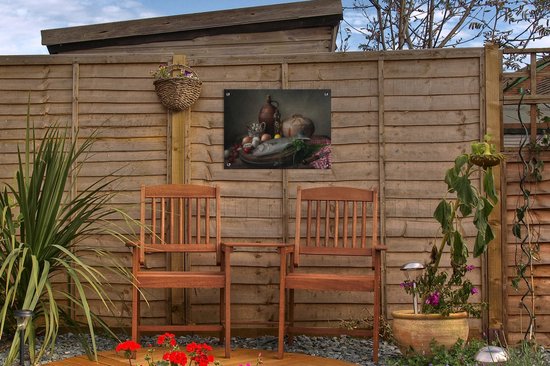 Décoration de Jardin Rustique - Poisson - Nature morte - Légumes - Herbes - 40x30 cm - Toile de jardin - Affiche extérieure