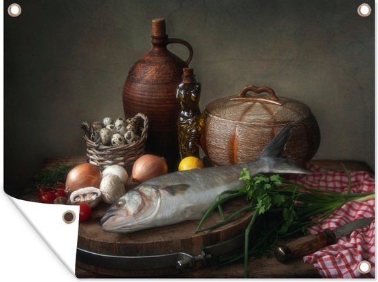 Décoration de Jardin Rustique - Poisson - Nature morte - Légumes - Herbes - 40x30 cm - Toile de jardin - Affiche extérieure