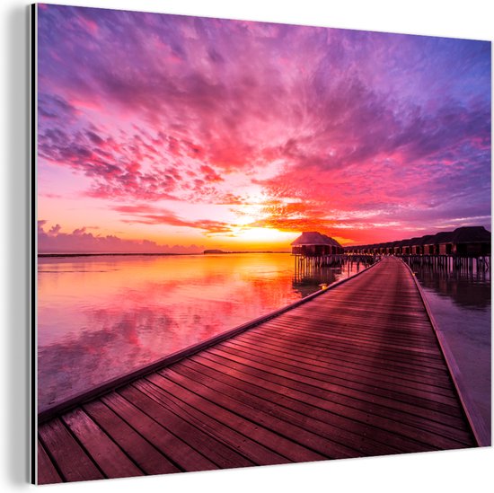 Wanddecoratie Metaal - Aluminium Schilderij Industrieel - Steiger - Water - Zon - Roze - Horizon - 120x90 cm - Dibond - Foto op aluminium - Industriële muurdecoratie - Voor de woonkamer/slaapkamer