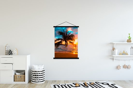 Porte-affiche avec affiche - Affiche scolaire - Palmier - Coucher de soleil - Horizon - Plage - Mer - Tropical - 120x160 cm - Lattes noires