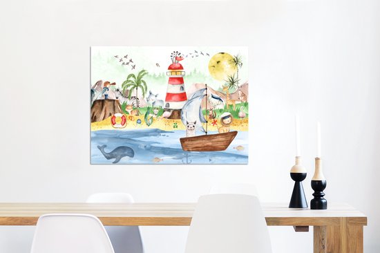 Wanddecoratie Metaal - Aluminium Schilderij Industrieel - Strand - Dieren - Kinderen - Vuurtoren - Jongens - 80x60 cm - Dibond - Foto op aluminium - Industriële muurdecoratie - Voor de woonkamer/slaapkamer