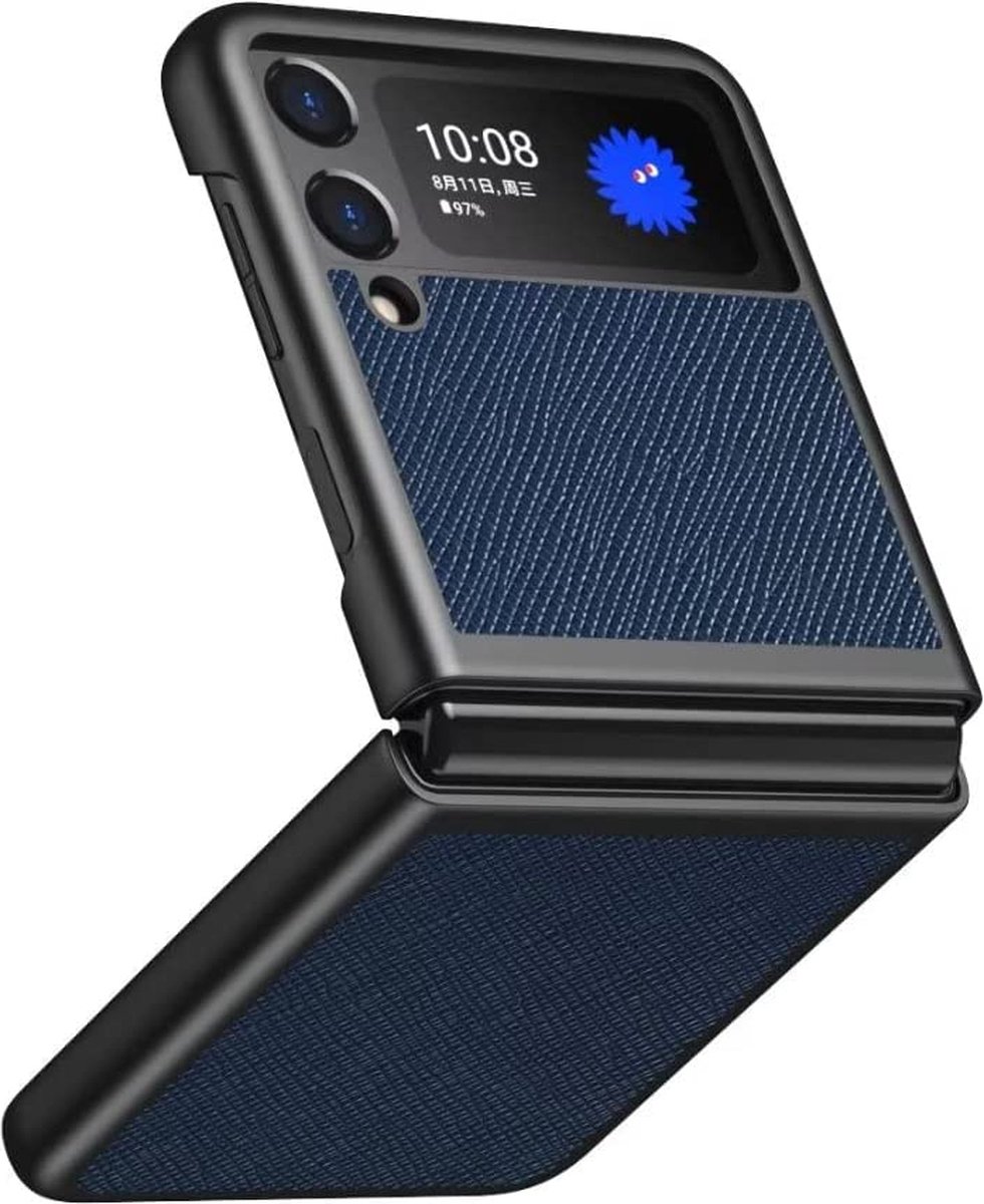 Samsung Z Flip 4 Hoesje - Leer Textuur - Back Cover voor Samsung Galaxy Z Flip4 - Blauw