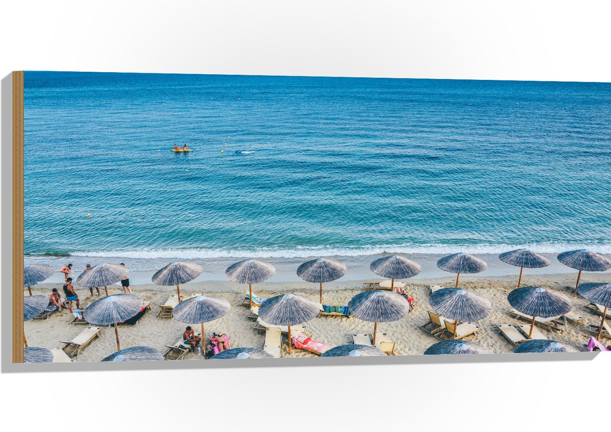 Hout - Rieten Parasols met Ligbedjes op het Strand - 100x50 cm - 12 mm dik - Foto op Hout 