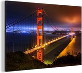 Wanddecoratie Metaal - Aluminium Schilderij Industrieel - De Golden Gate Bridge in de nacht verlicht - 30x20 cm - Dibond - Foto op aluminium - Industriële muurdecoratie - Voor de woonkamer/slaapkamer