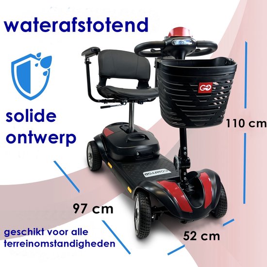 Zwarte scootmobiel met rode accenten en een mandje. Afmetingen 110 cm hoog, 97 cm lang, 52 cm breed. Tekst 'waterafstotend'.