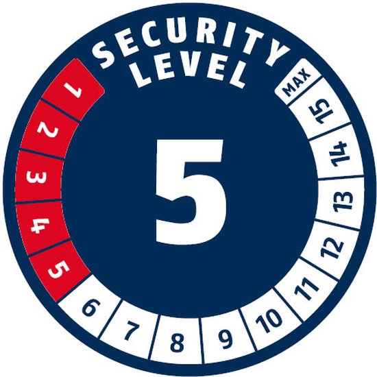 Zwart rond logo met witte tekst 'SECURITY LEVEL 5'. De 5 is groot en centraal geplaatst.