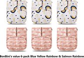 Couches BonBini - couches lavables 6-pack Saumon arc-en-ciel, bleu jaune arc-en-ciel 3-15 kg - couches-culottes - double anti-crevaison - boutons pressions et réglables taille S, M, L taille 1 à 5 NEUF pack de 6